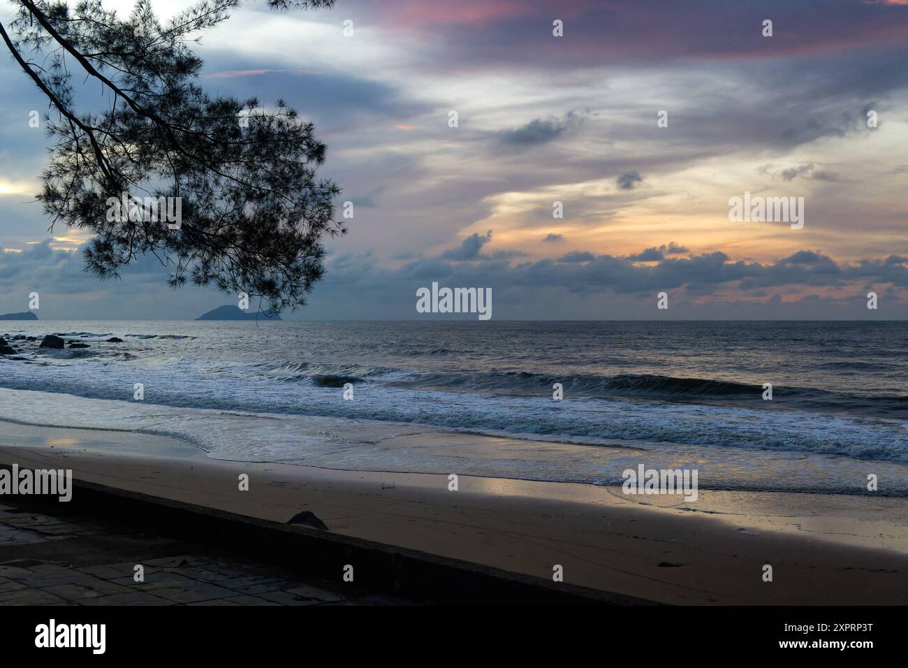 Sagoma di un ramo d'albero sopra le onde che si infrangono dal Mar Cinese meridionale a Damai Beach, Sarawak, Malesia Foto Stock