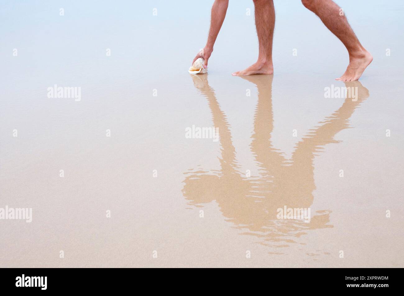 Uomo sulla sabbia bagnata di prelevare un guscio e la sua riflessione su di essa. Foto Stock