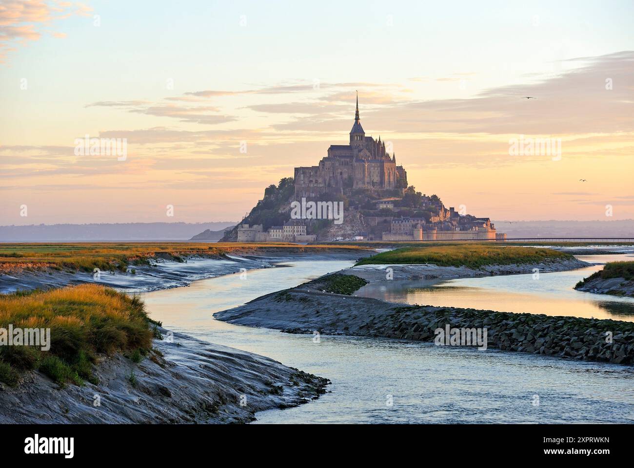 Mont-Saint-Michel in bocca del fiume Couesnon all'alba, Manche reparto, regione della Normandia, Francia, Europa. Foto Stock