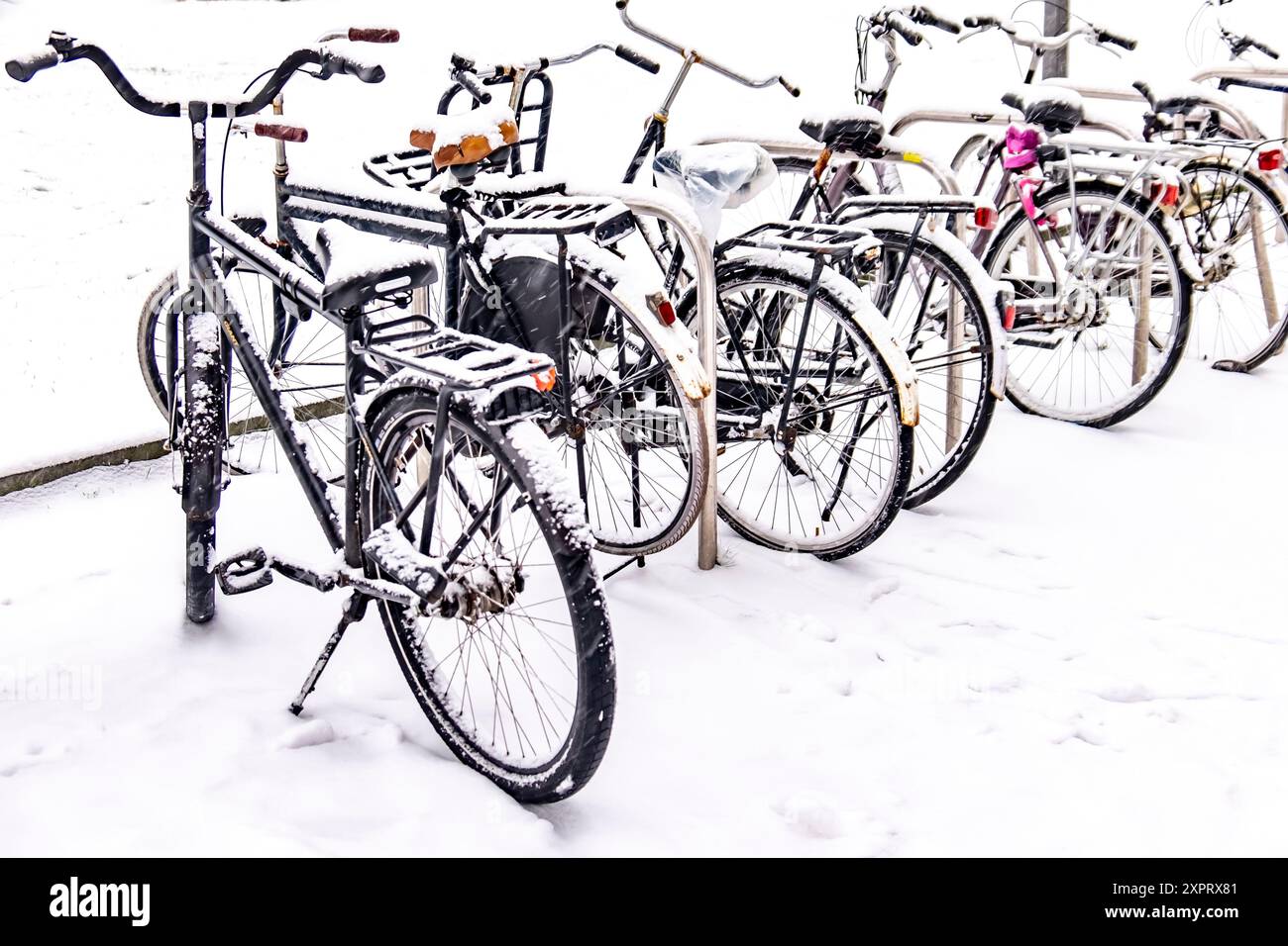 Nevicava sotto le biciclette a Eindhoven, nei Paesi Bassi, in Europa. Foto Stock