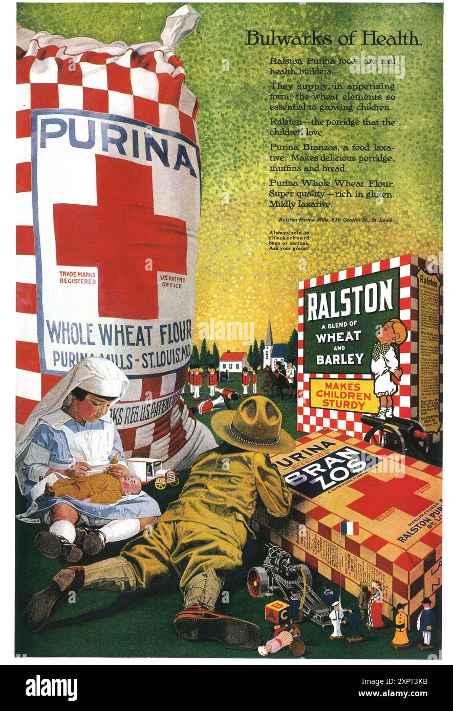 1919 prima guerra mondiale Ralston Wheat and Barley Purina Whole Whole Wheat Farine ad - "Bulwarks of Health" Foto Stock