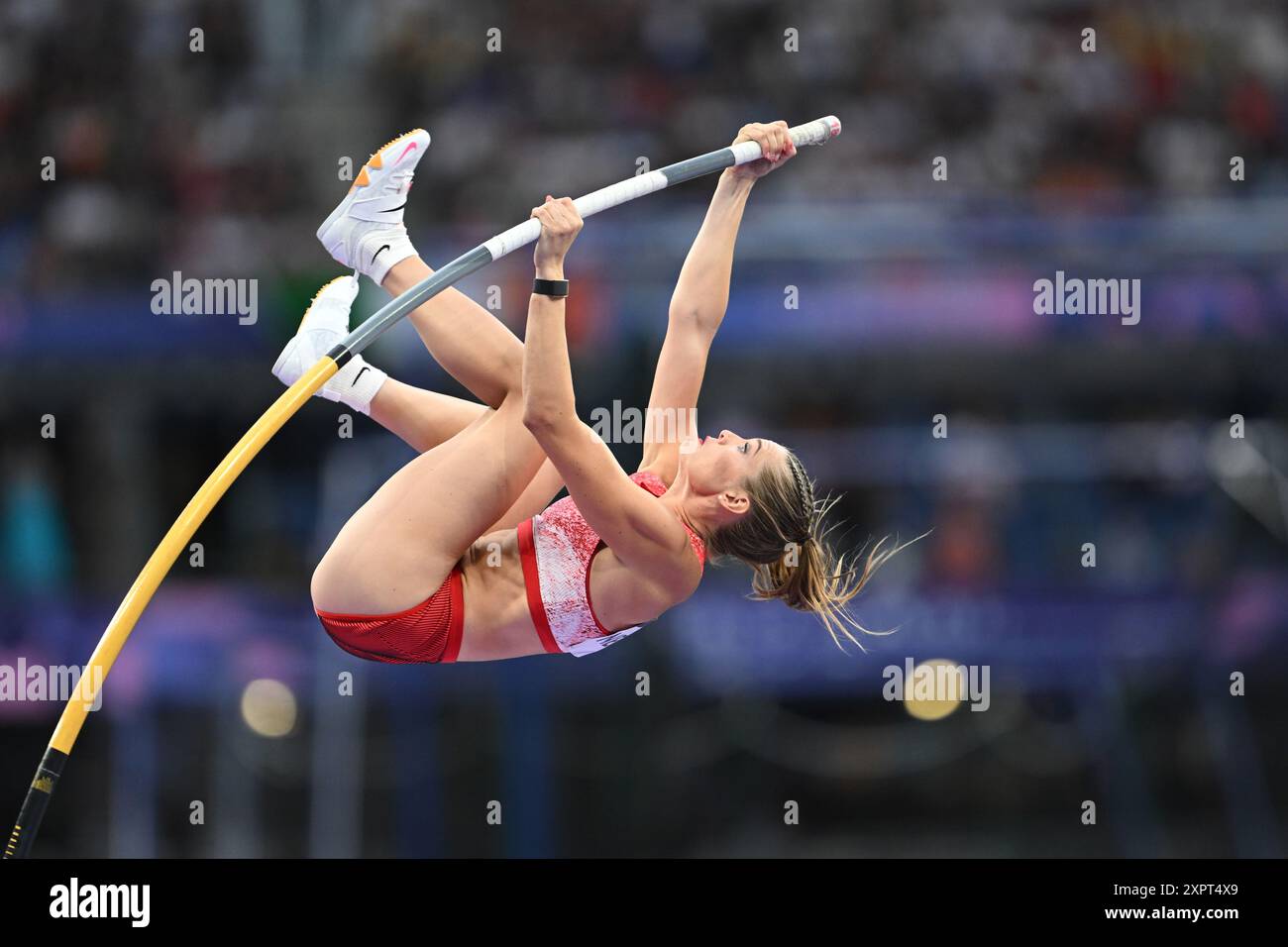 Saint Denis, Francia. 7 agosto 2024. Olimpiadi, Parigi 2024, atletica leggera, Stade de France, pole vault, donne, finale, Alysha Newman dal Canada in azione. Crediti: Sven Hoppe/dpa/Alamy Live News Foto Stock