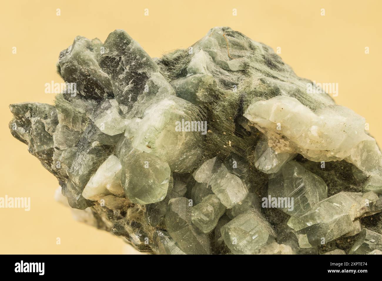 Vista ravvicinata dei cristalli di apofillite, che ne evidenziano la bellezza traslucida e strutturata Foto Stock