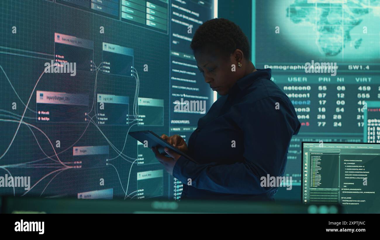 Hacker governativi che indagano sugli incidenti informatici e monitorano le minacce alla sicurezza su un grande schermo. Una donna specialista utilizza tecniche di phishing per rubare informazioni importanti per la guerra informatica. Telecamera A.. Foto Stock