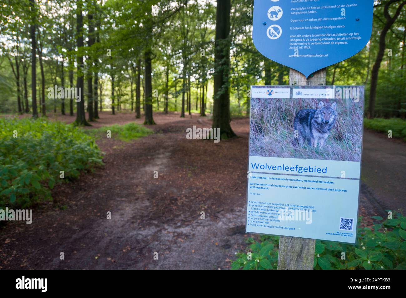 Woudenberg, Paesi Bassi.8 agosto 2024.i cartelli di avvertimento su come gestire un incontro con i lupi sono collocati agli ingressi della tenuta naturale "Den Treek". Gran parte è ora chiusa al pubblico dopo un altro incidente con i camminatori e un lupo. Credito: Pmvfoto/Alamy Live News Foto Stock