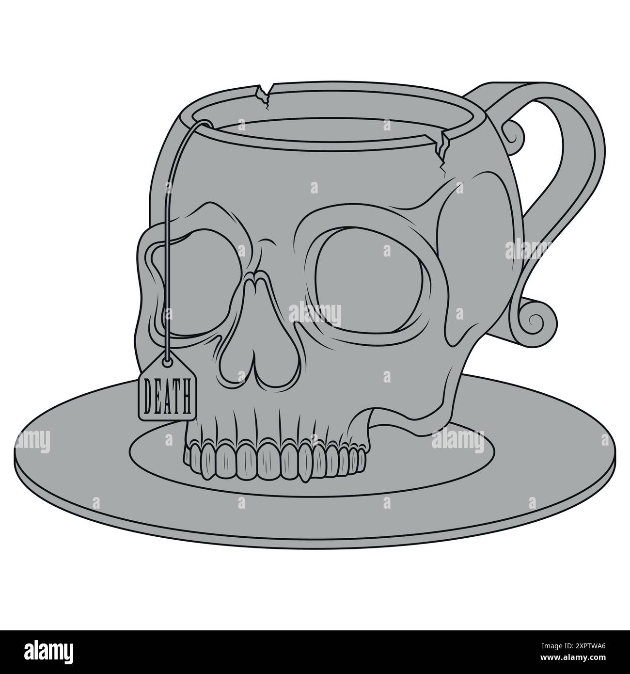 Design vettoriale della tazza da tè in porcellana a forma di cranio umano, tazza da caffè a forma di cranio e il suo piatto, tazza demoniaca per bere sangue Illustrazione Vettoriale
