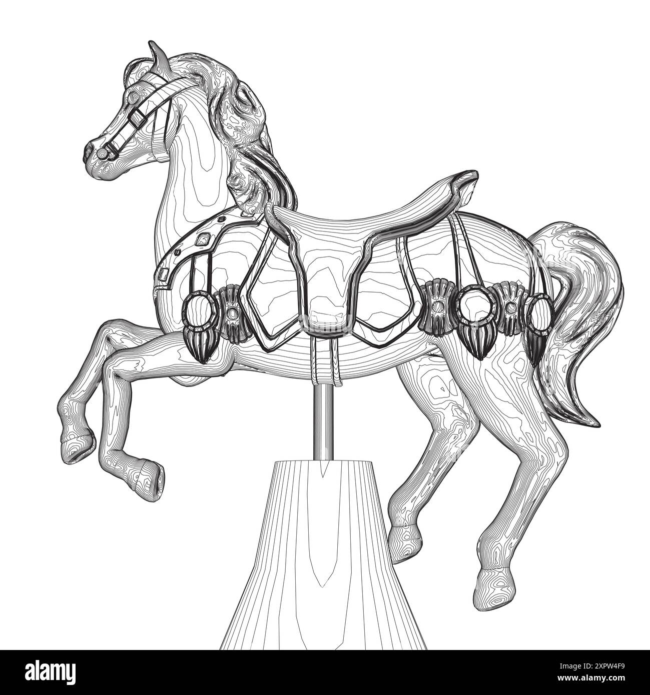Disegno in bianco e nero illustrazione vettoriale del contorno di un cavallo a carosello su sfondo bianco per l'assemblaggio o creazione di materiale didattico per le madri che Illustrazione Vettoriale