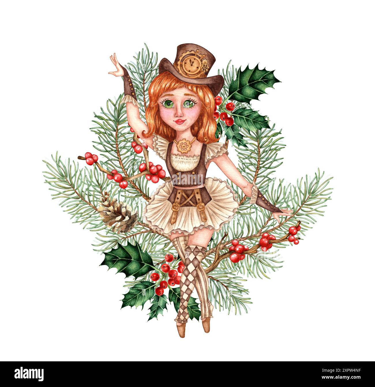 Ballerina ragazza nella fiaba steampunk "lo Schiaccianoci" e rami di abete, coni, agnello, illustrazione acquerello a bacca rossa. Ballerina in tutu marrone, Foto Stock