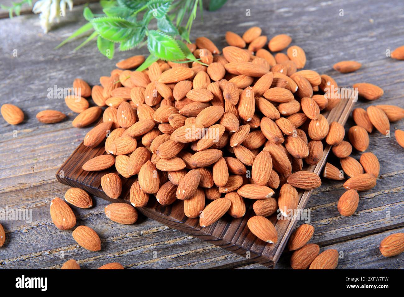 Gruppo di mandorle su sfondo di legno Foto Stock