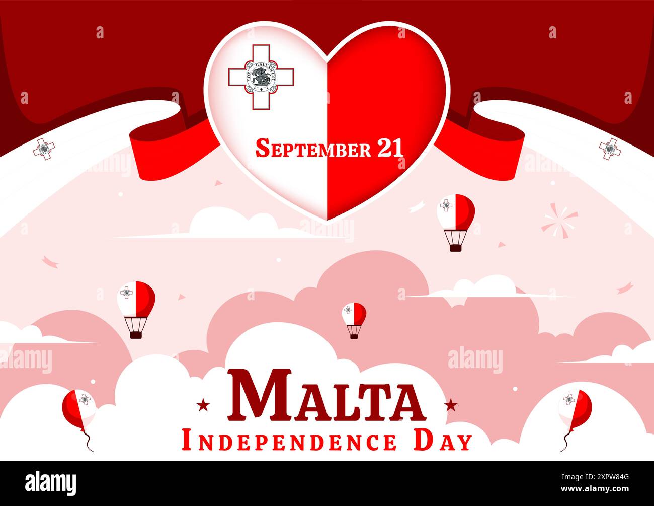 Happy Independence Day of Malta illustrazione vettoriale che celebra il 21 settembre con una bandiera ondeggiante su sfondo di cartone animato in stile natalizio nazionale Illustrazione Vettoriale