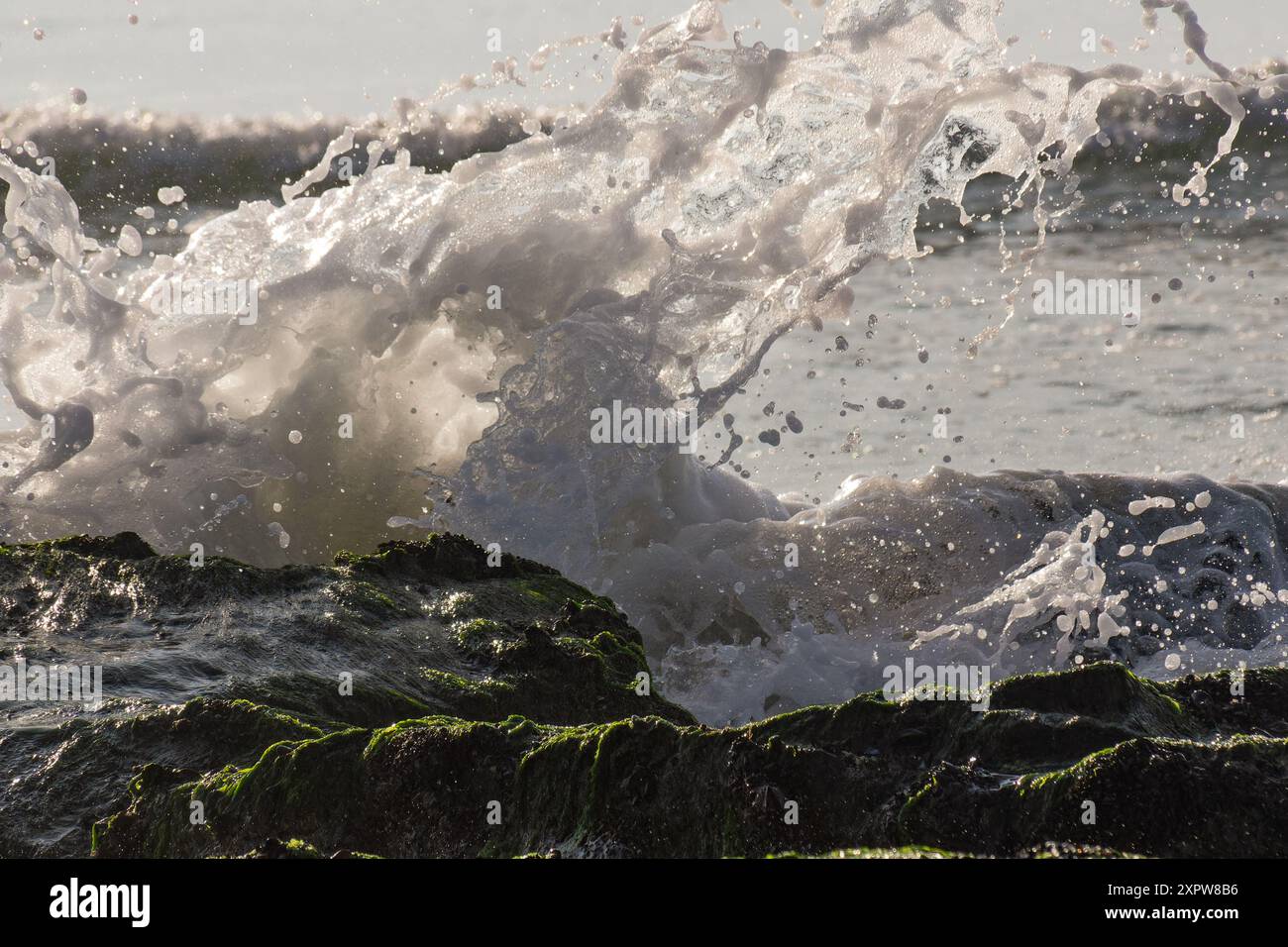 Primo piano delle onde che si infrangono sulle rocce, l'alta otturazione per fermare il movimento, Sea Isle City, New Jersey Foto Stock