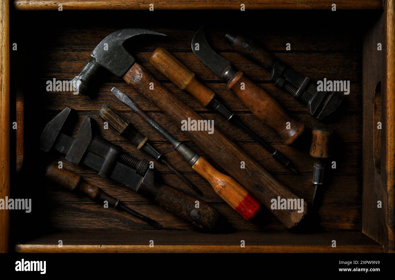 Vecchi utensili con manico in legno in cassetta di legno, primo piano Foto Stock