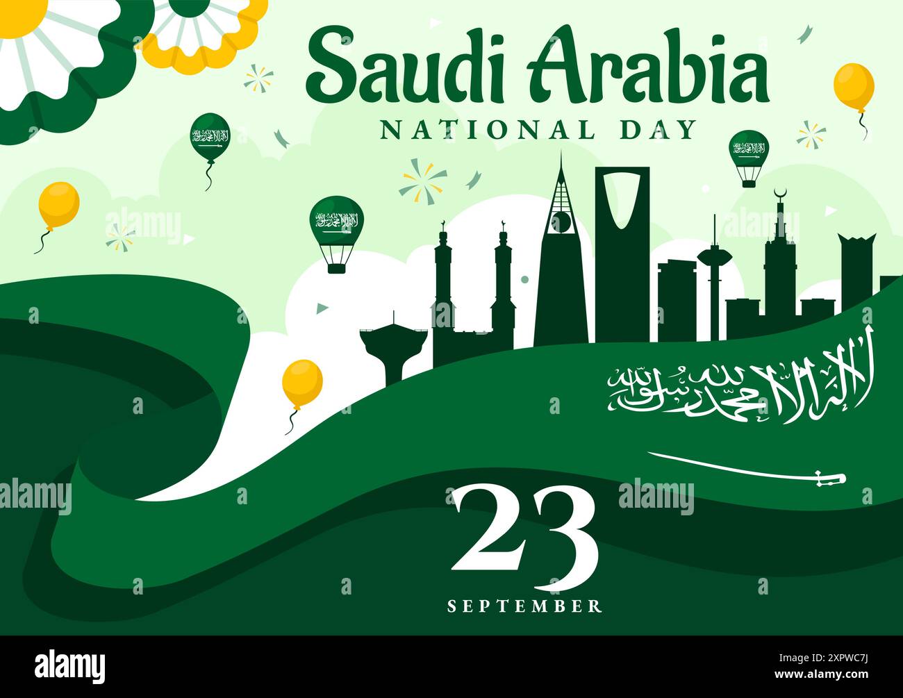Giornata Nazionale dell'Arabia Saudita il 23 settembre con bandiera e paesaggio urbano del Regno dell'Arabia Saudita in illustrazione vettoriale a sfondo piatto Illustrazione Vettoriale