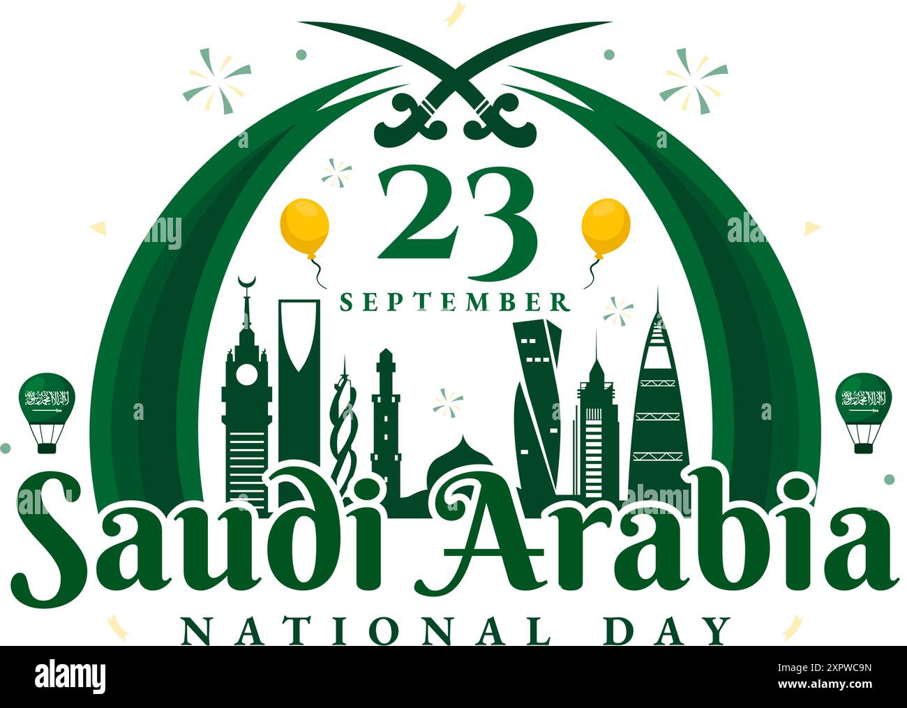 Giornata Nazionale dell'Arabia Saudita il 23 settembre con bandiera e paesaggio urbano del Regno dell'Arabia Saudita in illustrazione vettoriale a sfondo piatto Illustrazione Vettoriale
