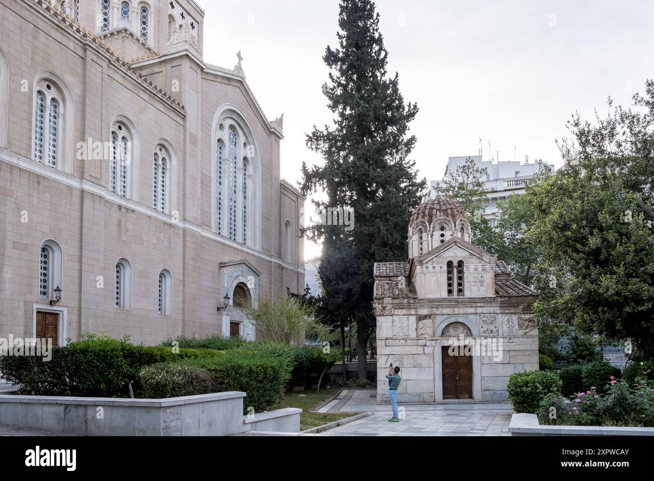 Dettaglio della Cattedrale metropolitana dell'Annunciazione, popolarmente conosciuta come Metropolis o Mitropoli, la chiesa cattedrale della Grecia. Foto Stock