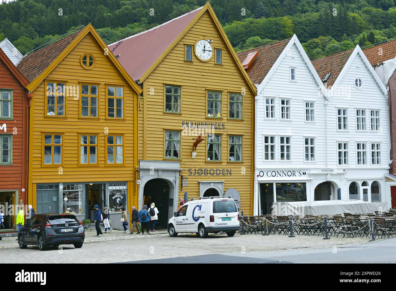 Il quartiere storico di Bryggen si trova a nord-ovest della città di Bergen, Norvegia Foto Stock