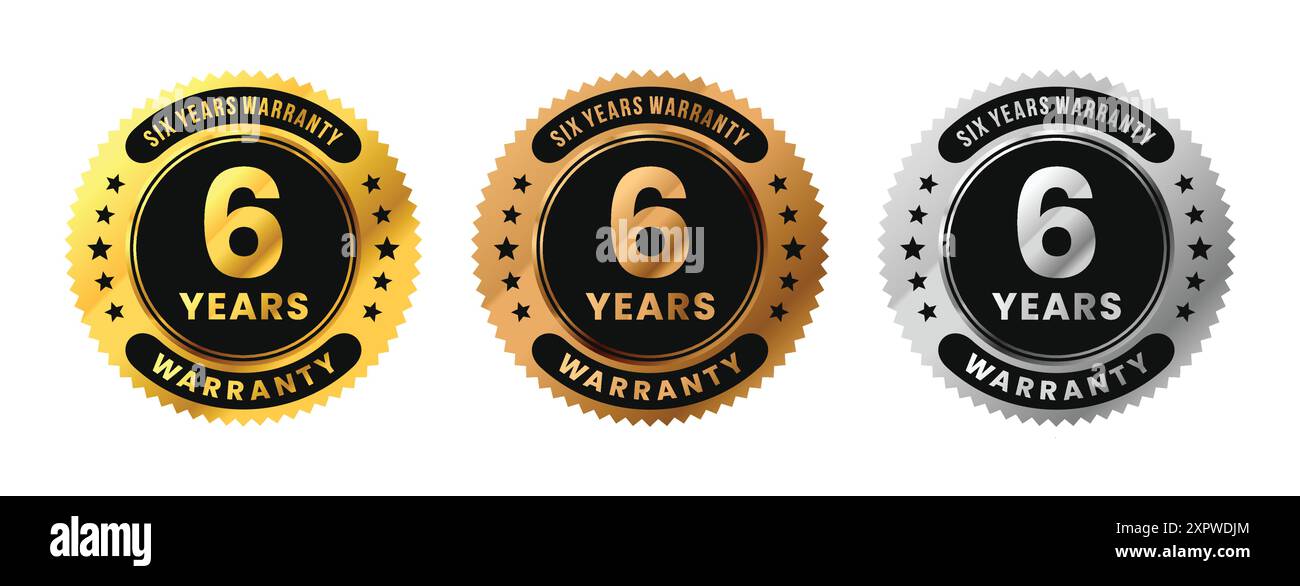 Etichetta garanzia di 6 anni con design premium Luxury in oro, argento e bronzo. Sei anni di garanzia. Illustrazione vettoriale Illustrazione Vettoriale