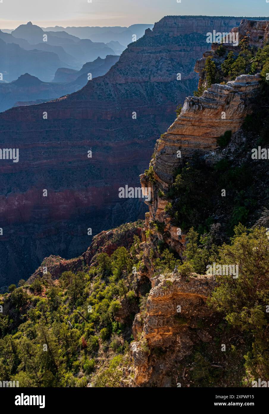 Haze riempie la distanza al Grand Canyon National Park, Coconino County, Arizona Foto Stock