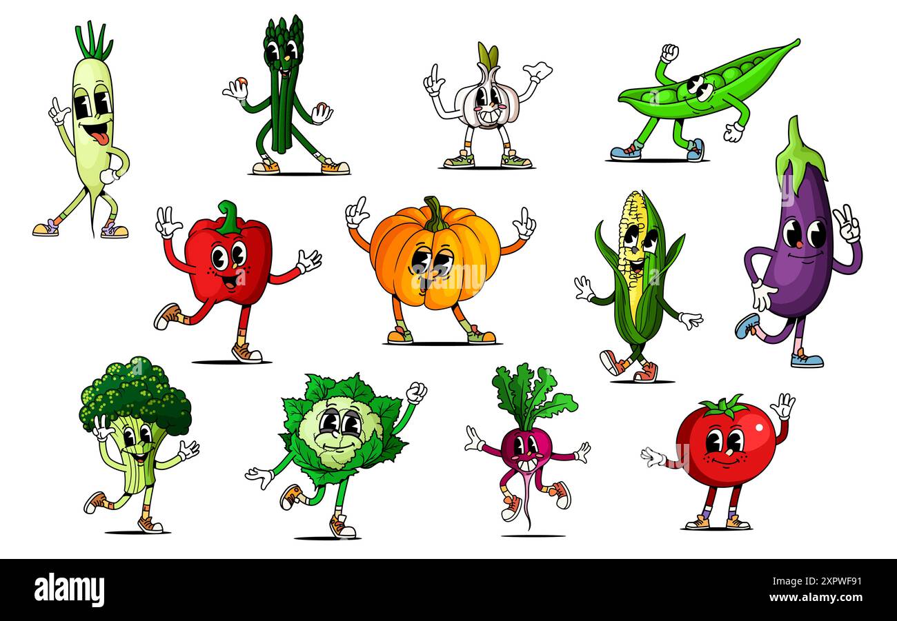 Set vettoriale cartoni animati di verdure scanalate. Ravanello, broccoli, peperone, cavolo e zucca, asparagi, aglio, piselli, mais e melanzane con tom Illustrazione Vettoriale