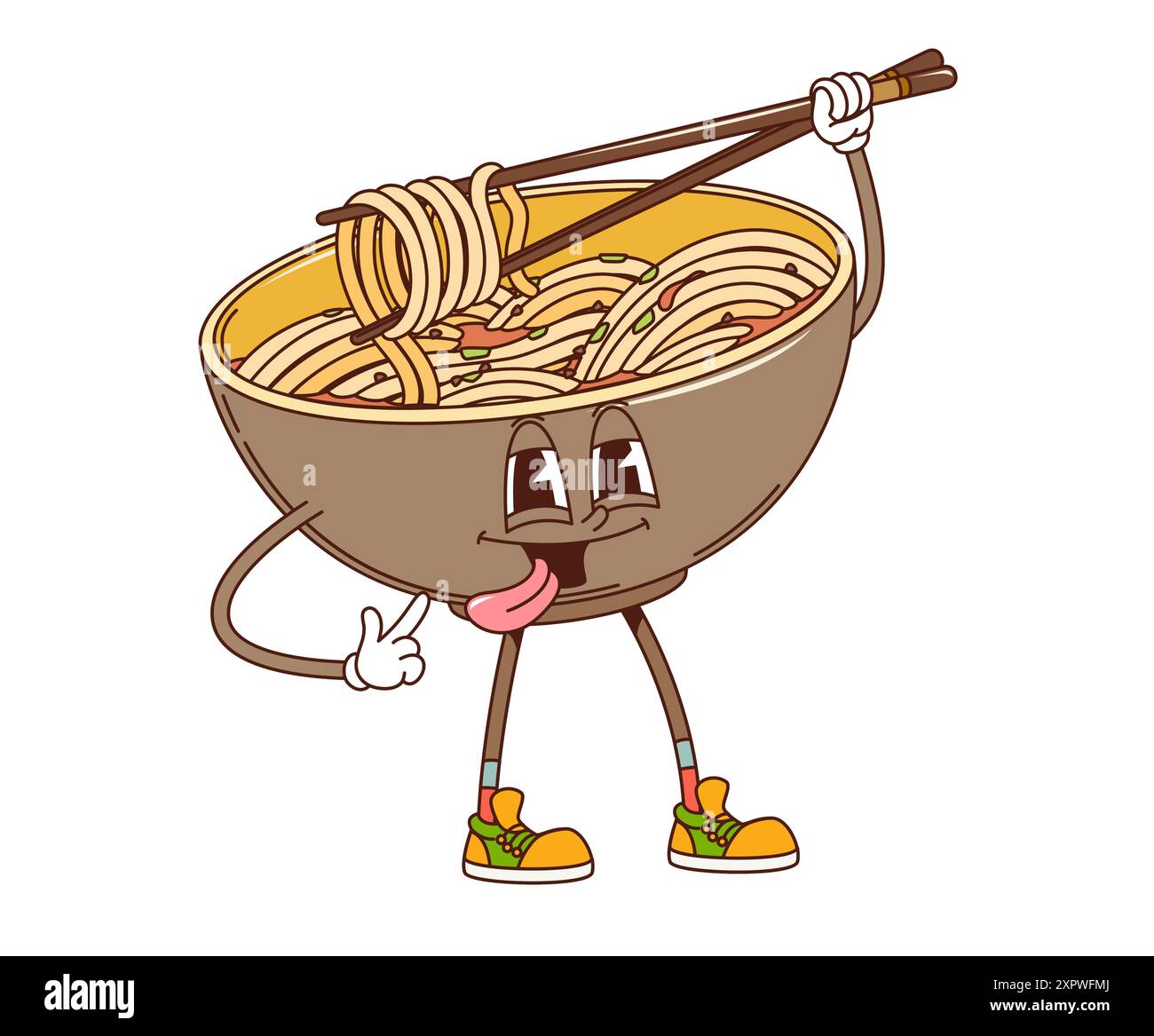Cartoon retro groove udon Noodles personaggio con bacchette, fumetto vettoriale cibo giapponese. Gustosi noodles udon con faccia funky e simpatica tenaglia Illustrazione Vettoriale