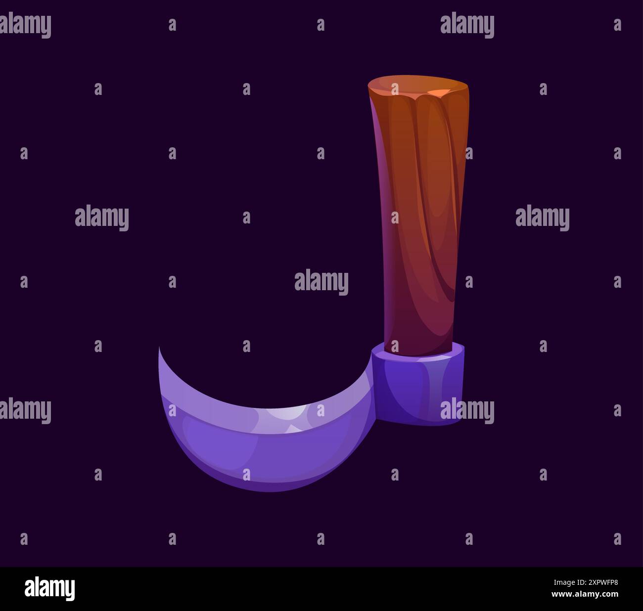 Lettera J font Halloween, cartoni animati tipo malvagio, divertente carattere spaventoso, alfabeto spettrale, lettera maiuscola a forma di falce morte con lama affilata e legno Illustrazione Vettoriale