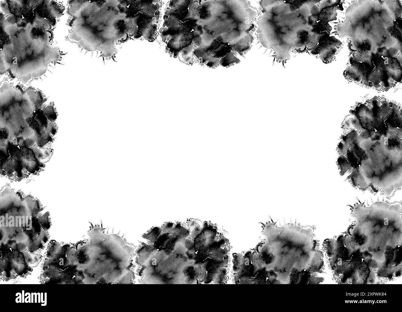 Telaio realizzato con macchie di inchiostro astratte. Diverse tonalità di grigio e nero che si mescolano. Sui bordi di ogni spot sono presenti elementi decorativi di punti e linee. Spazio per copie bianche. Monocromatico. Foto Stock