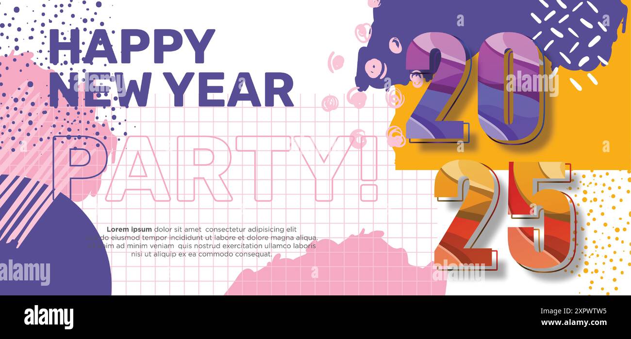 Modello piatto per banner orizzontale per Capodanno 2025 per festeggiare il nuovo anno 2025 Illustrazione Vettoriale