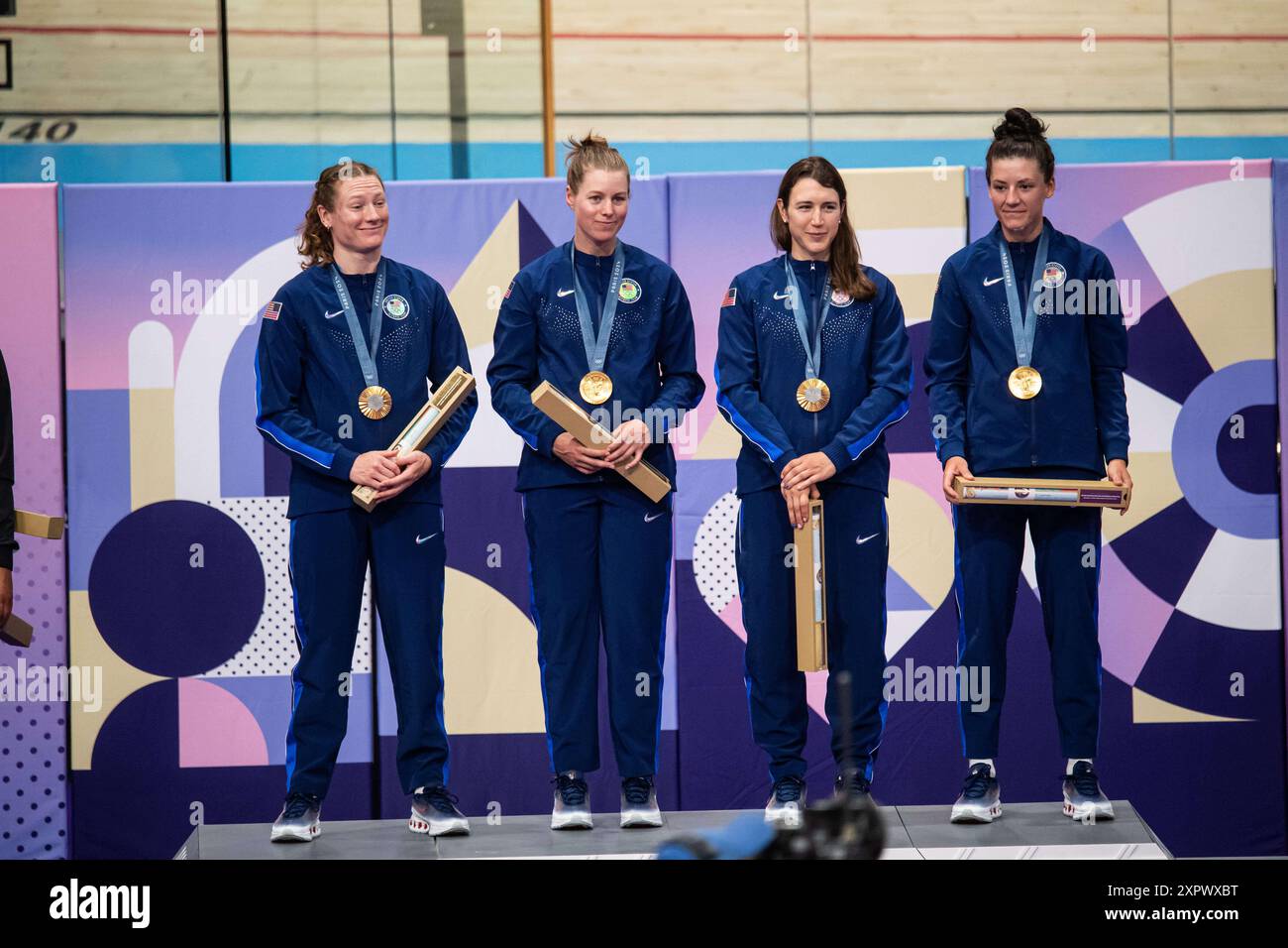 Jennifer Valente, Lily Williams, Chloe Dygert e Kristen Faulkner di United States Gold Medal, Cycling Track, Women&#39;S Team Pursuit durante i Giochi Olimpici di Parigi 2024 il 7 agosto 2024 al Velodrome National di Saint-Quentin-en-Yvelines, Francia Foto Stock