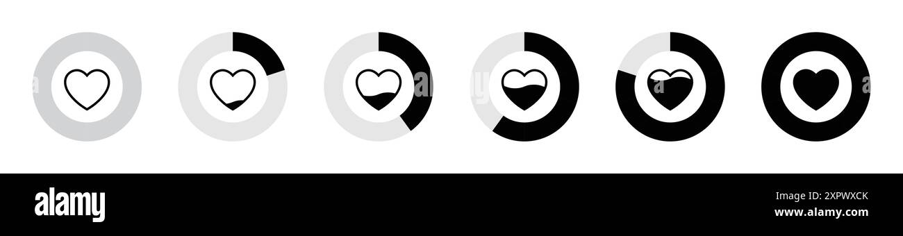 Livelli del misuratore cardiaco o icona dell'indicatore impostati in cerchi a torta divisi di colore nero su sfondo bianco. da 0 a 100% del vettore del livello di valutazione cardiaca. Illustrazione Vettoriale