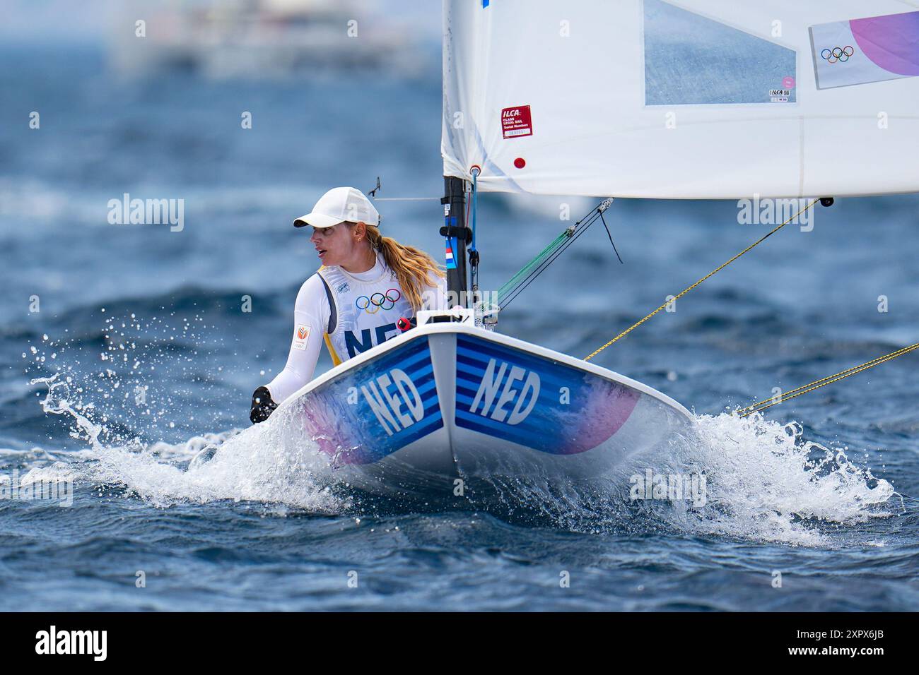 Marit BOUWMEESTER (Paesi Bassi), Sailing, Women&#39;S Dinghy durante i Giochi Olimpici di Parigi 2024 il 7 agosto 2024 presso Marsiglia Marina di Marsiglia, Francia Foto Stock