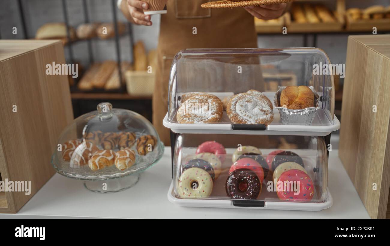 Giovane in una panetteria che tiene in mano una tazza di caffè mentre espone vari dolci e ciambelle sotto contenitori di vetro all'interno Foto Stock