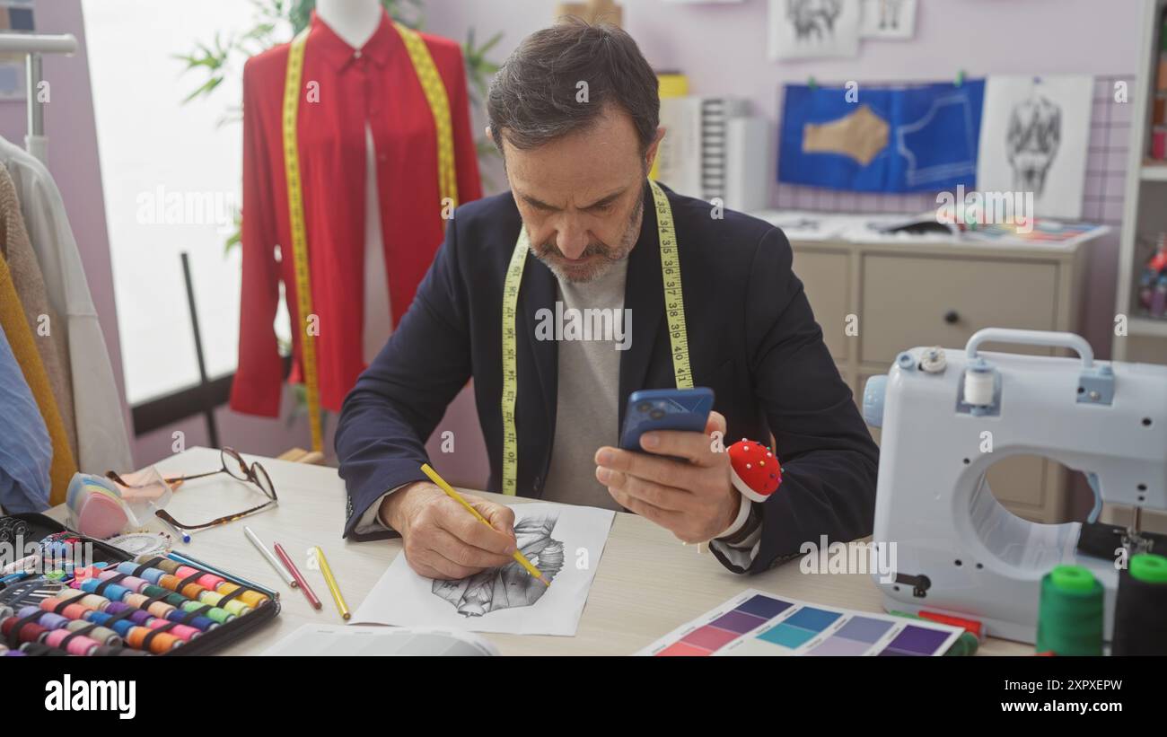 Un uomo sarto maturo disegna abiti di design in un atelier colorato con macchina per cucire e manichino. Foto Stock