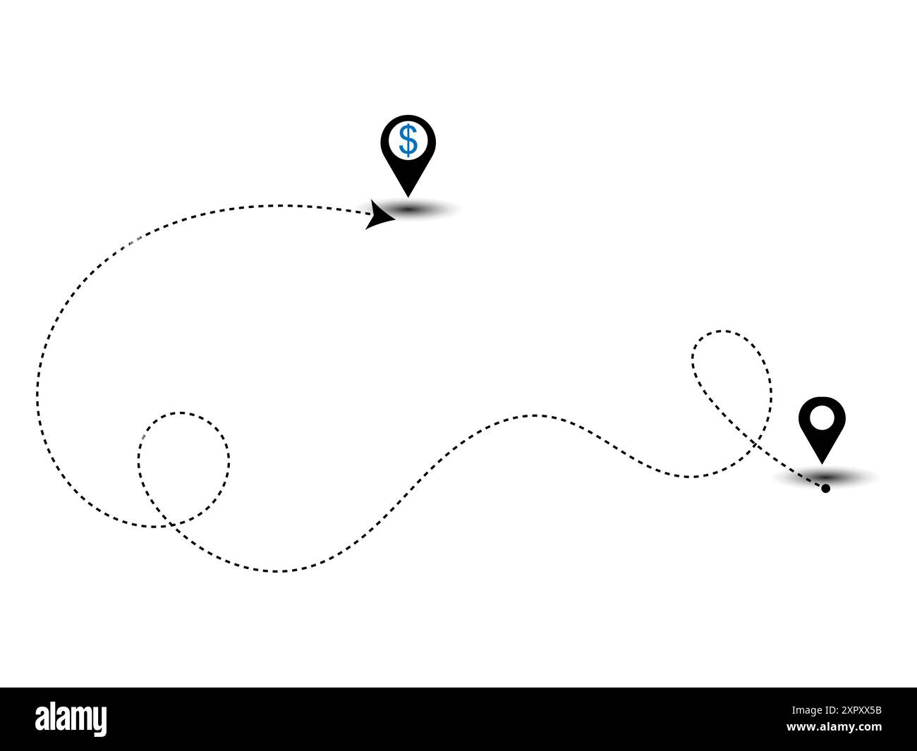 Geolocalizzazione con simboli di valuta dollaro linea tratteggiata freccia percorso percorso pin posizione con vettore di avvolgimento. Illustrazione Vettoriale