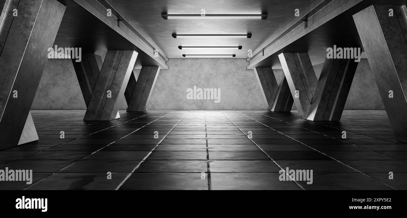 Sfondo garage. Background industriale. Magazzino vuoto scuro con pavimento piastrellato e colonne. Contesto futuristico del magazzino. Hangar per la progettazione di giochi. Foto Stock
