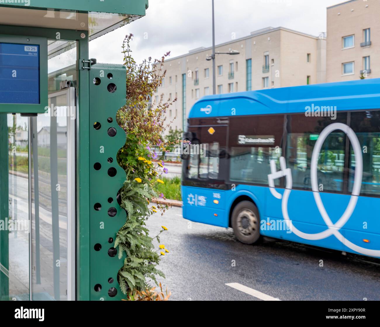 La fermata del tram verde è un rifugio a Hermannin rantatie, Helsinki, Finlandia, in una giornata estiva piovosa. Foto Stock