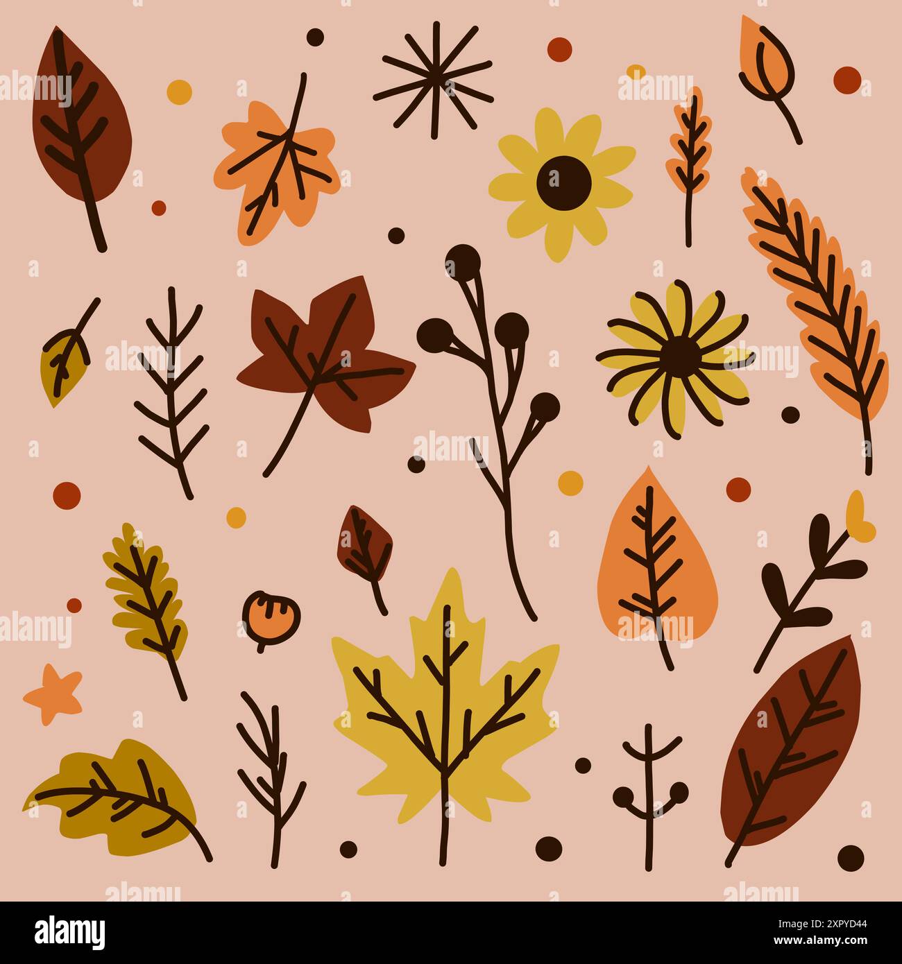 Un set di foglie autunnali multicolore su uno sfondo chiaro. Le foglie gialle e rosse sono disposte una ad una e a coppie. Illustrazione Vettoriale