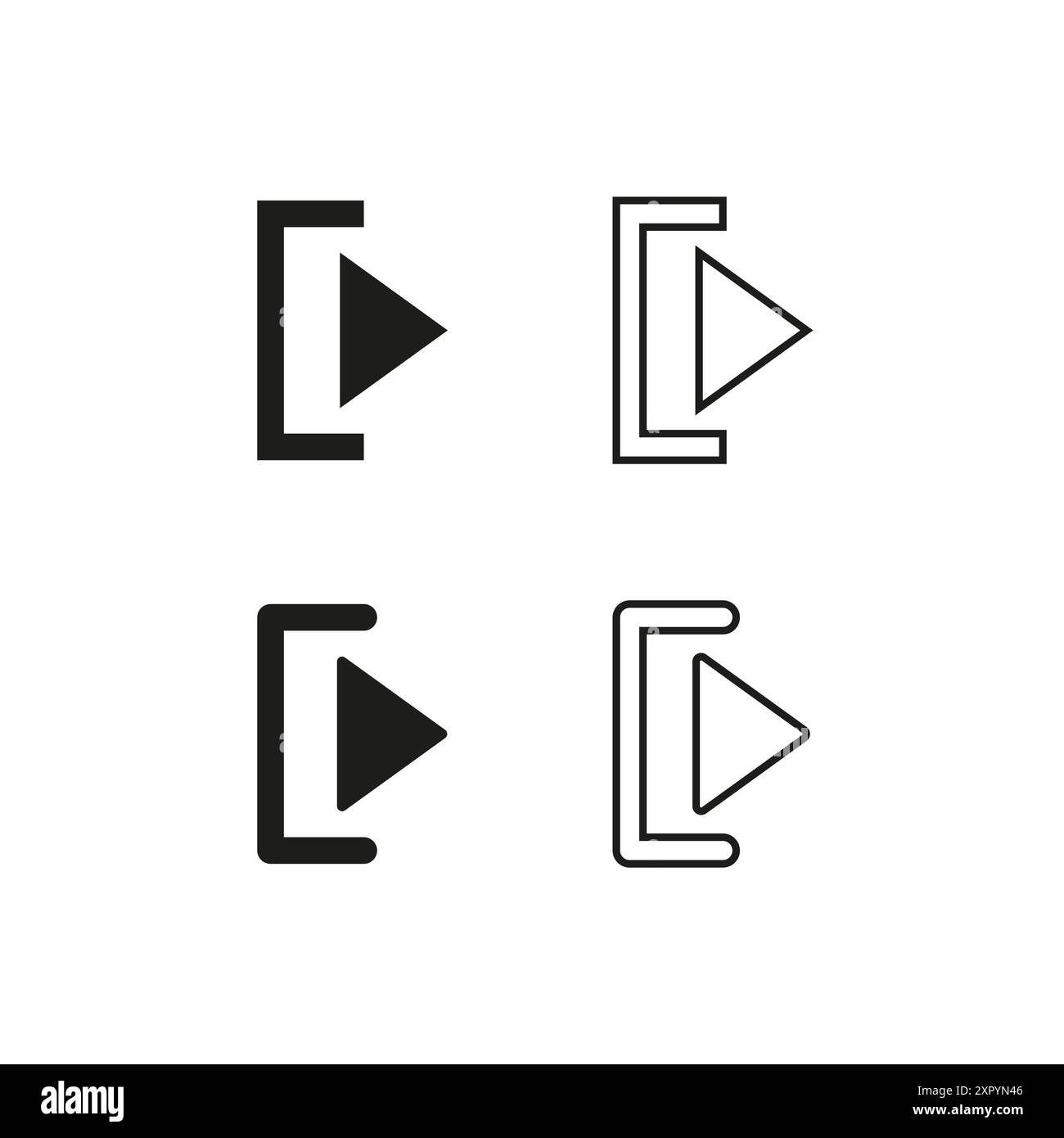 Set di icone dei pulsanti di riproduzione. Quattro diversi simboli di gioco. Illustrazioni vettoriali in bianco e nero. Design semplice e moderno. Illustrazione Vettoriale