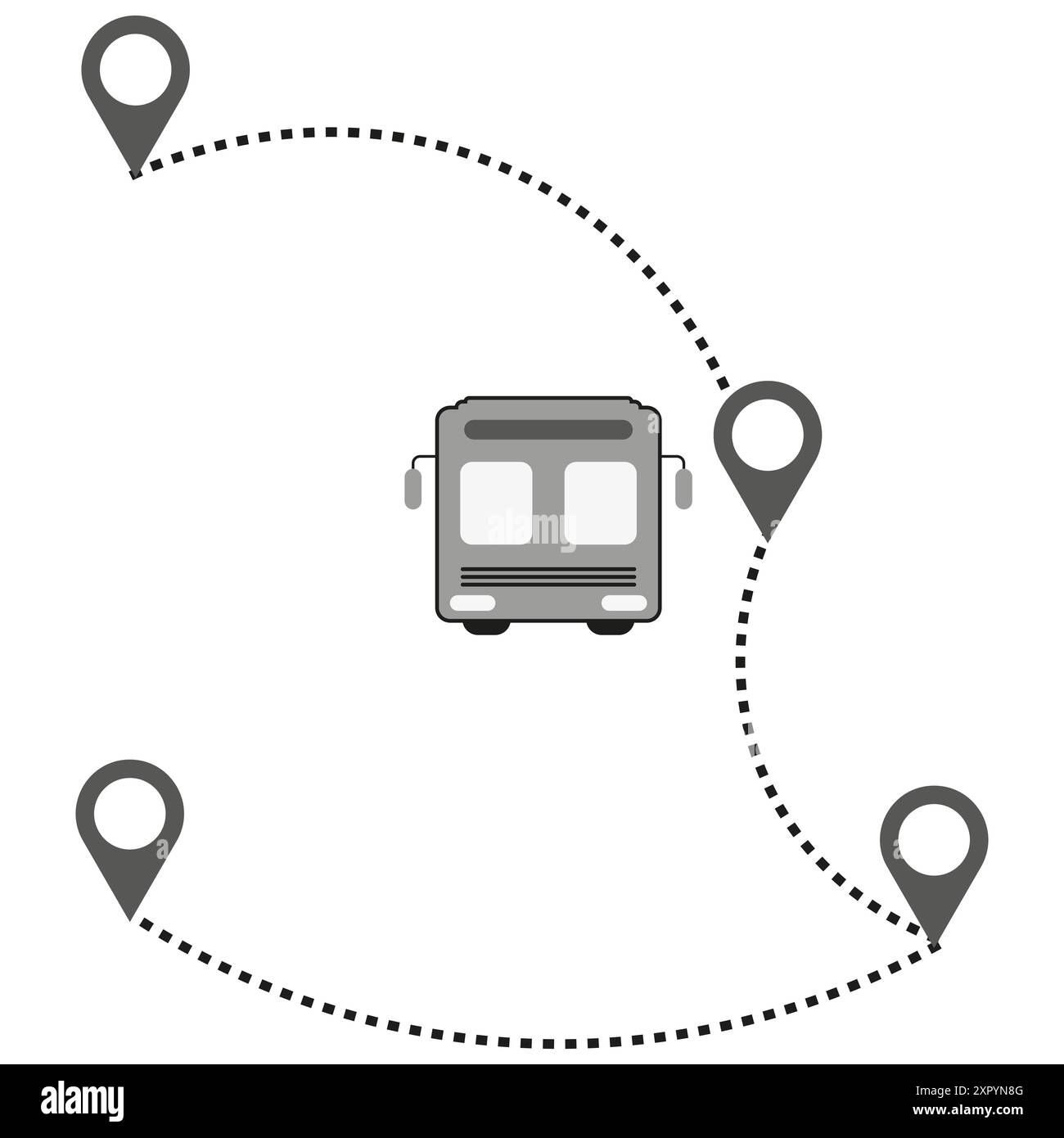 Icona percorso autobus. Percorso tratteggiato con marcatori della mappa. Simbolo di trasporto vettoriale. Design grigio e nero. Illustrazione Vettoriale