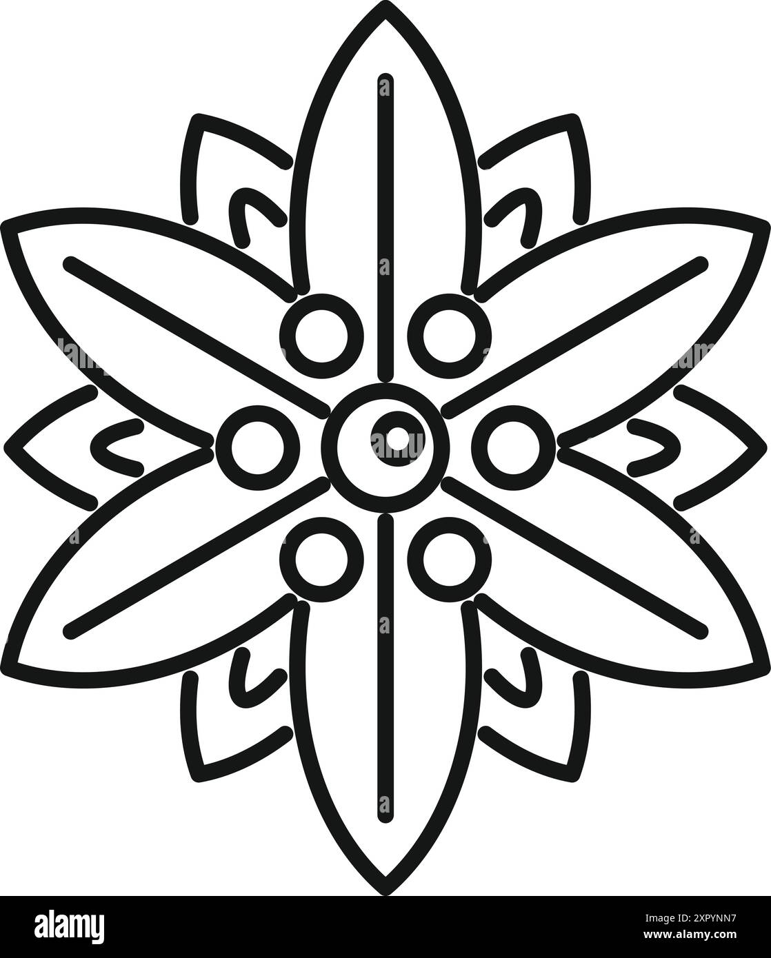 Semplice mandala floreale con una struttura geometrica che forma una stella con i suoi petali, ideale per decorazioni e disegni ornamentali Illustrazione Vettoriale