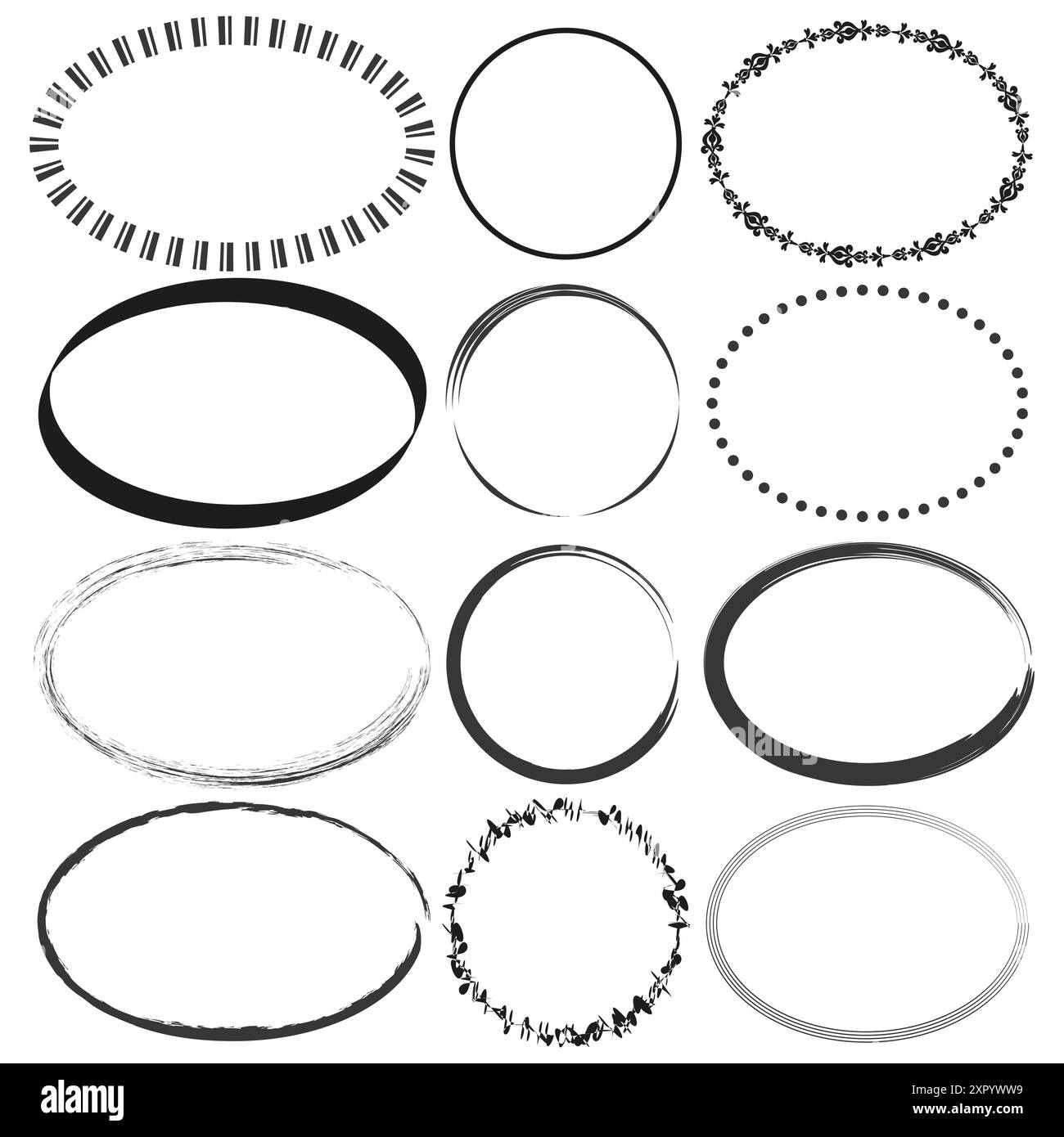 Cornici ovali decorative. Bianco e nero. Vari stili. Elementi vettoriali. Illustrazione Vettoriale