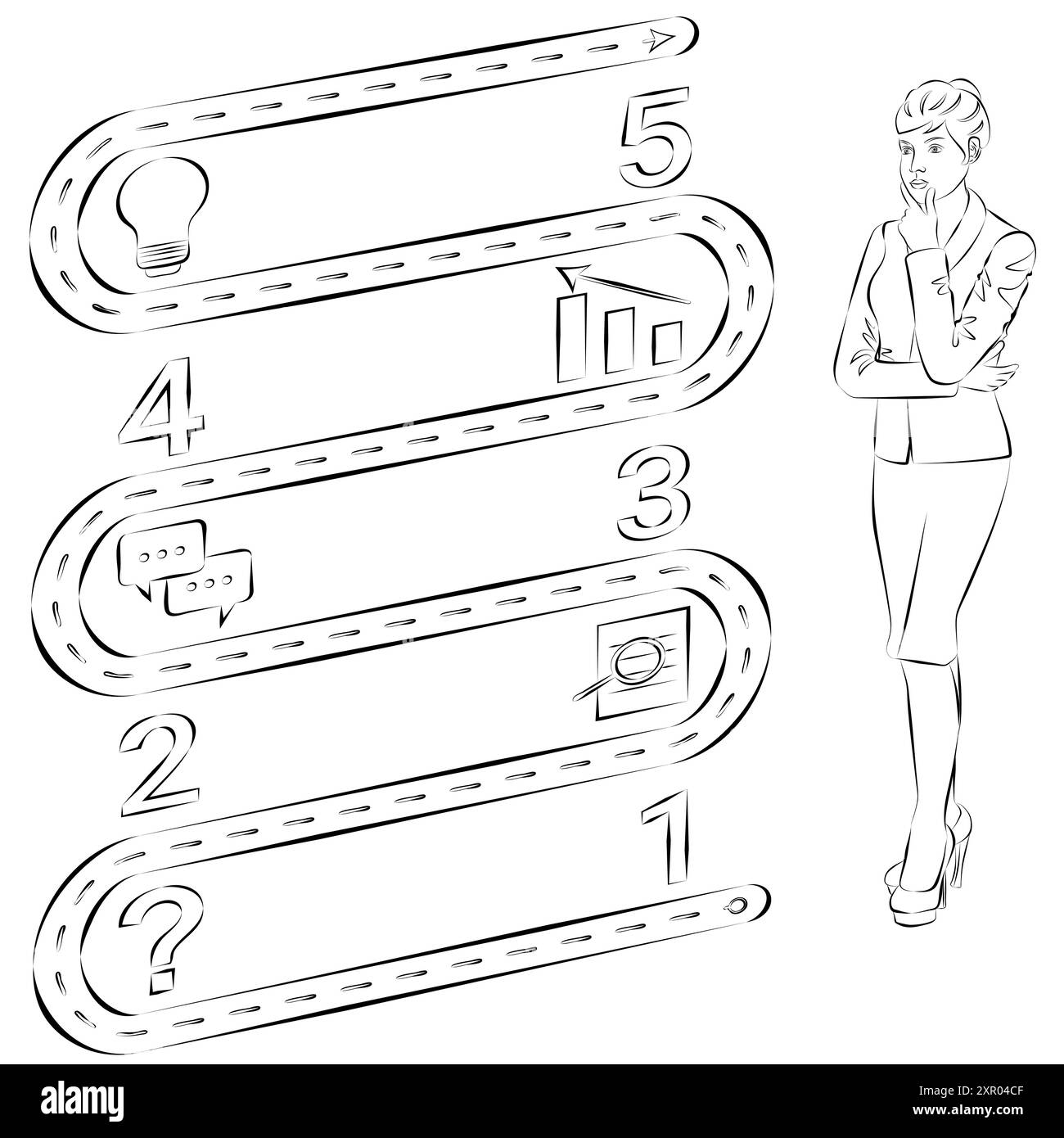 Una donna utilizza 5 passaggi per identificare un problema o un'opportunità nel processo decisionale. Concetto di business. Schizzo. Illustrazione vettoriale. Illustrazione Vettoriale