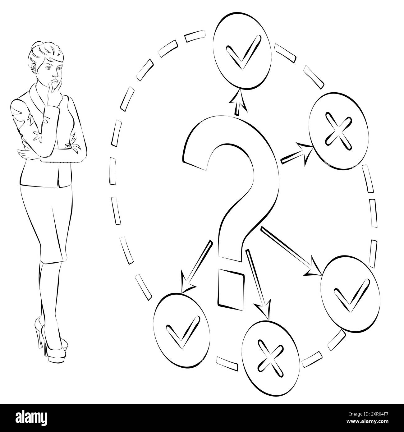 Una donna pensa ai problemi e alle domande durante il processo decisionale. Concetto di business. Schizzo. Illustrazione vettoriale. Illustrazione Vettoriale