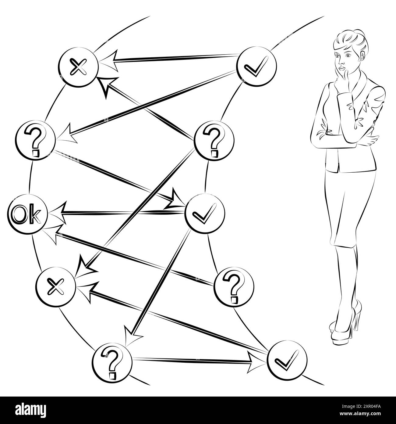 La donna utilizza un albero decisionale per identificare un problema o un'opportunità nel processo decisionale. Concetto di business. Schizzo. Illustrazione vettoriale. Illustrazione Vettoriale