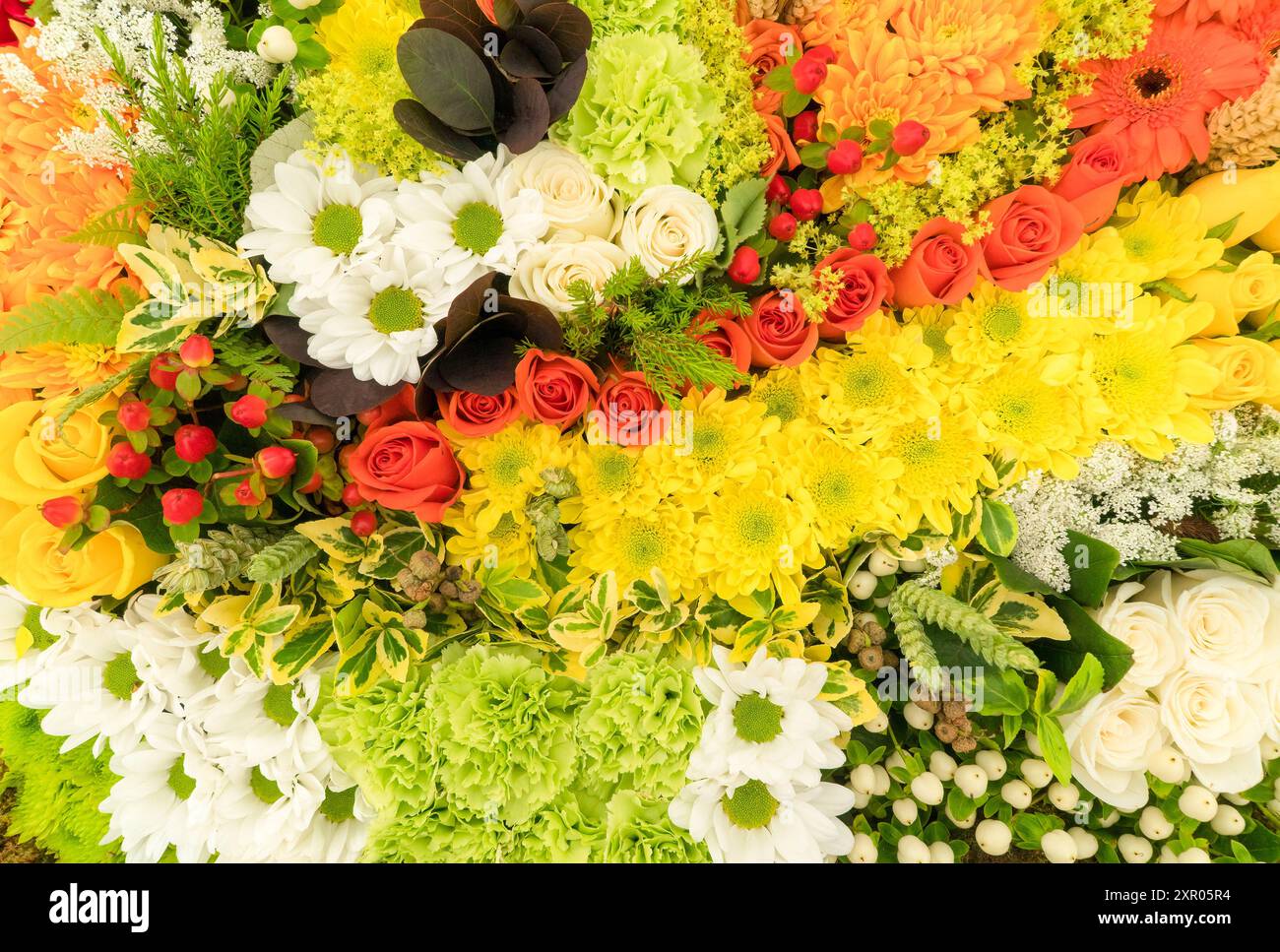 Una disposizione floreale di rose, bacche, crisantemi. Royal Welsh Show Builth Wells Powys Regno Unito. Luglio 2024 Foto Stock