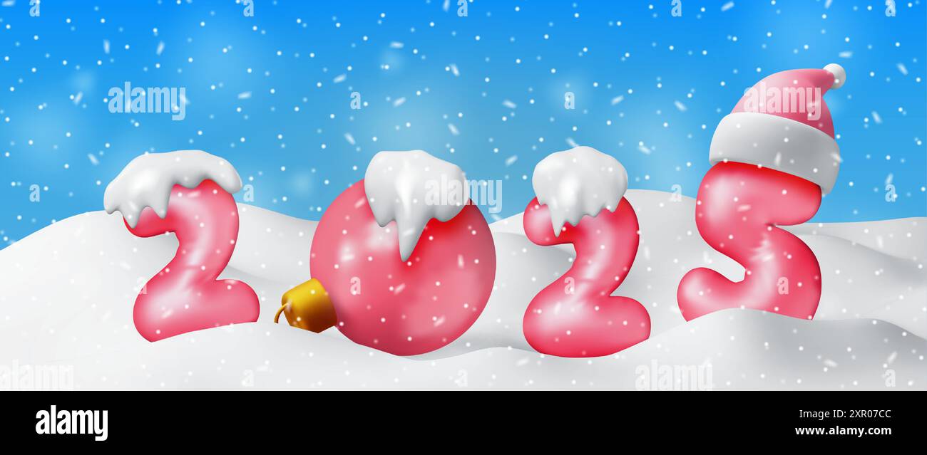simbolo del nuovo anno 2025 con palloncino rosso 3d sulla neve Illustrazione Vettoriale