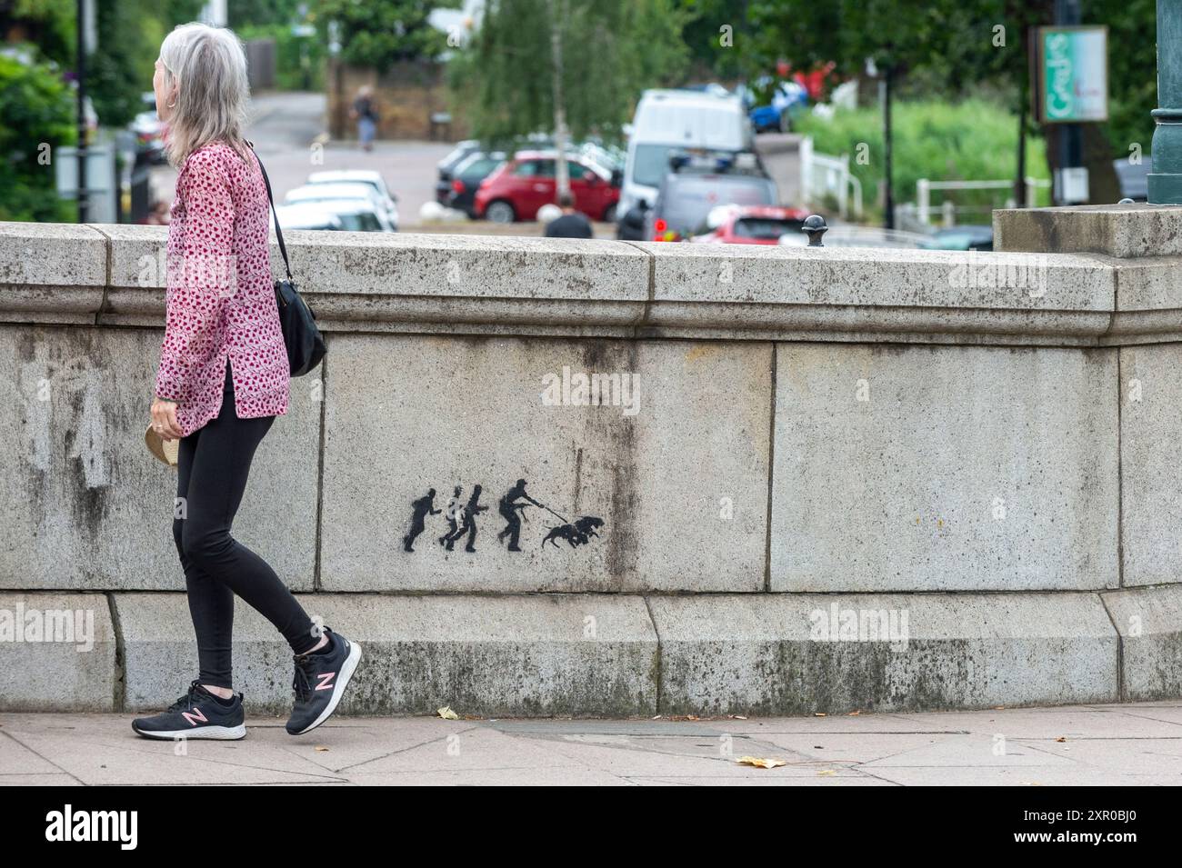 Londra, Regno Unito. 8 agosto 2024. Una donna passa un'opera d'arte su Kew Bridge. Nelle vicinanze si trova un'altra opera d'arte, ora sotto perspex protettivo, di Banksy che raffigura una capra di montagna sul lato di un edificio. Nell'ultima settimana, nella capitale sono apparse quotidianamente nuove opere dell'artista con un tema animale. Finora il sentiero comprende una capra di montagna, due elefanti e tre scimmie. Una quarta opera, raffigurante un lupo ulululante dipinto su una parabola satellitare a Peckham, è già stata rubata poco dopo essere stata rivelata oggi. Crediti: Stephen Chung / Alamy Live News Foto Stock