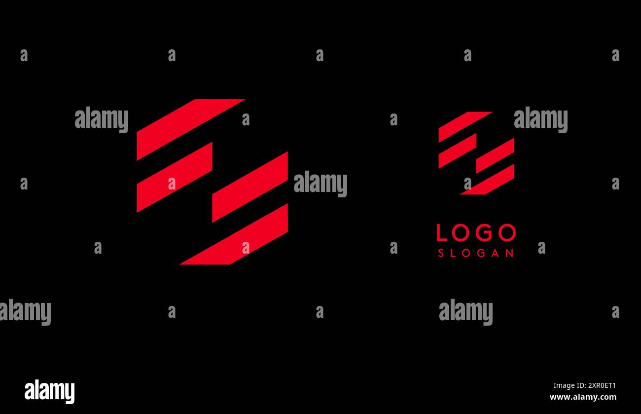 Lettera geometrica rossa astratta S con linee parallele. Design futuristico a righe per un'azienda innovativa e sportivo minimalista Illustrazione Vettoriale