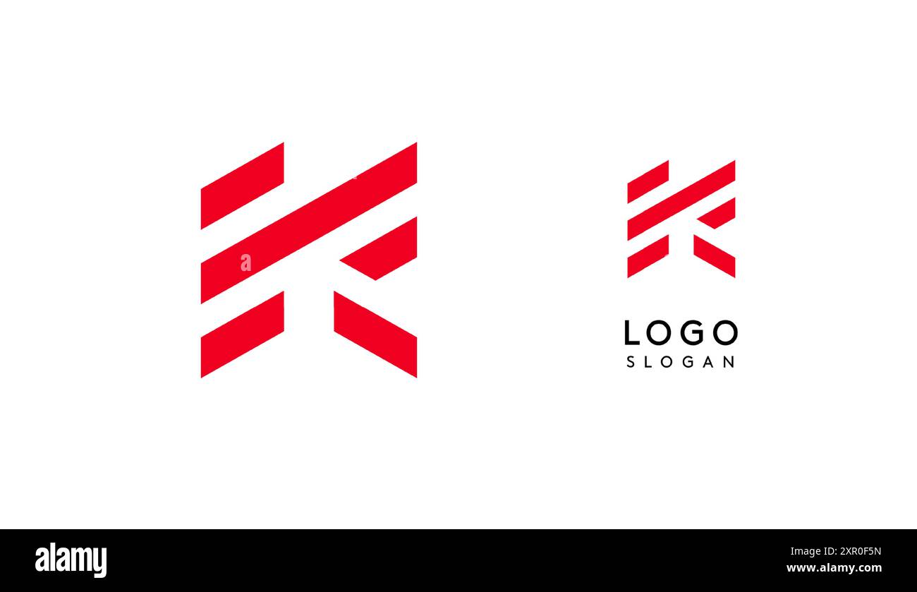 Lettera geometrica rossa astratta K con linee parallele. Design futuristico a righe per un'azienda innovativa e sportivo minimalista Illustrazione Vettoriale