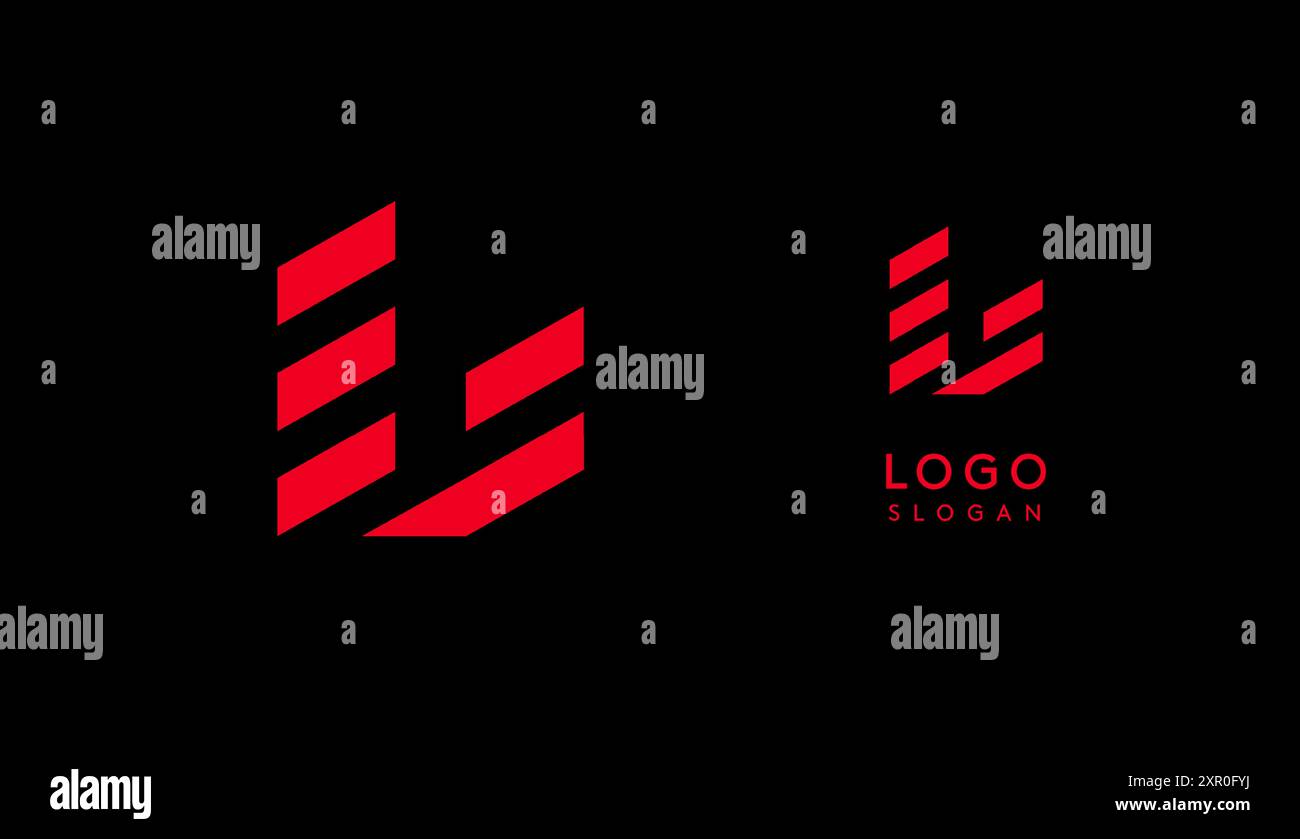 Lettera L geometrica rossa astratta con linee parallele. Design futuristico a righe per un'azienda innovativa e sportivo minimalista Illustrazione Vettoriale