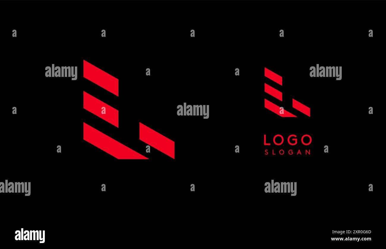Lettera L geometrica rossa astratta con linee parallele. Design futuristico a righe per un'azienda innovativa e sportivo minimalista Illustrazione Vettoriale